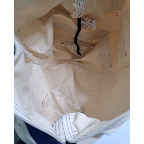 Lands End Expandable Canvas Tote Cream Blue Double Strap Boat Bag Made in USA - Picture 8 of 10